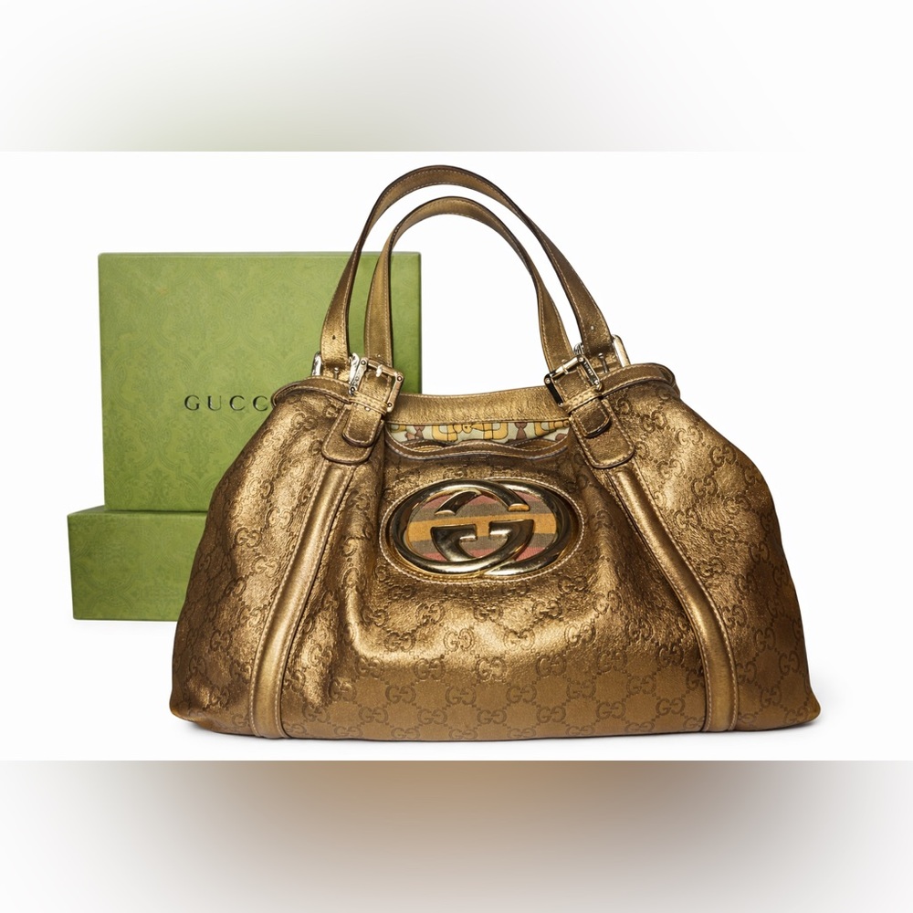 Authentic Gucci Metallic Gold GG Monogram Large Britt Hobo Shoulder Bag RARE